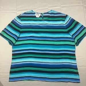 Silks By Joan Leslie" Vintage Size 18 Blue Green Striped Silk Blouse Top